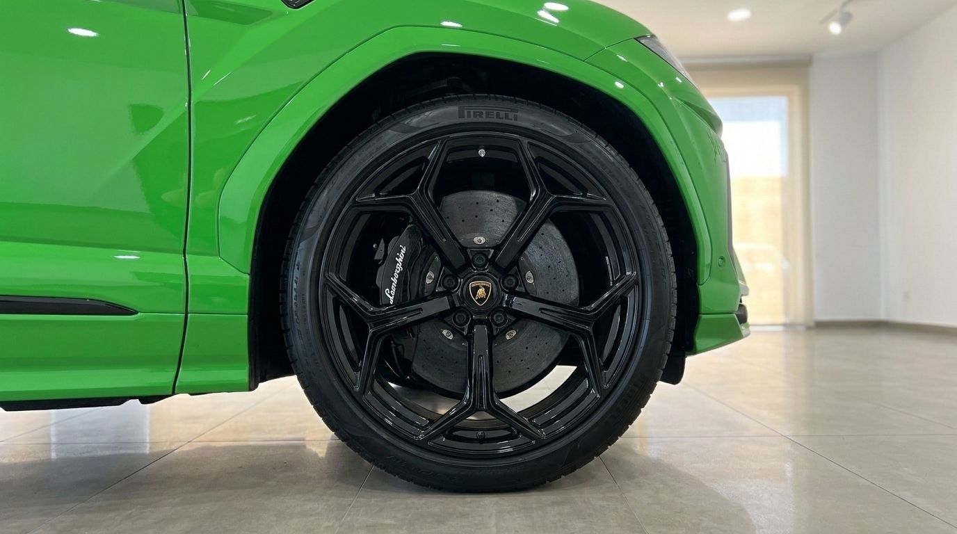 Close-up of the Lamborghini Urus Performante's black multi-spoke front wheel and green fender in Ibiza.