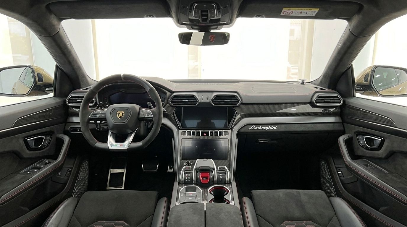 The luxurious interior of the Lamborghini Urus Performante in Ibiza, showcasing its advanced dashboard, steering wheel, and central console.