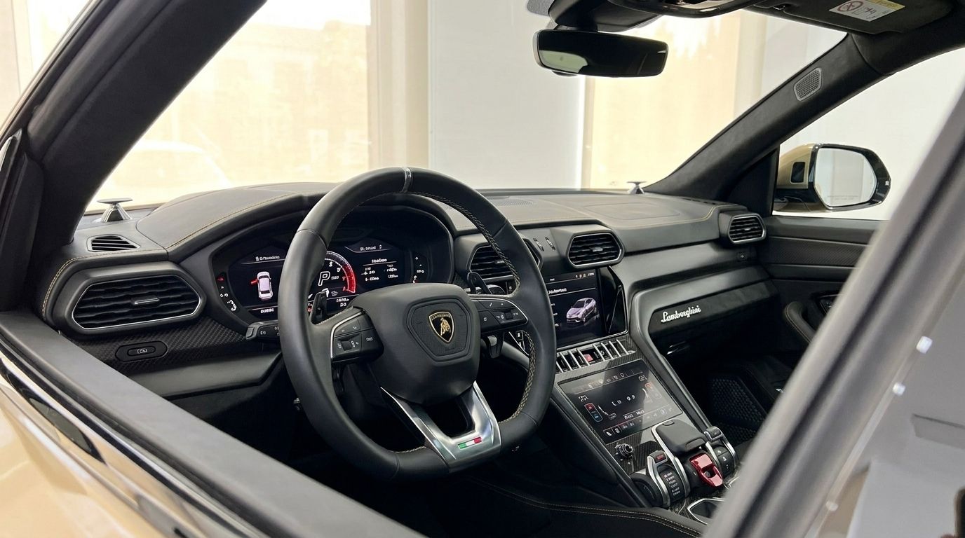 The luxurious interior cockpit of the Lamborghini Urus Performante in Ibiza, showcasing the steering wheel and dual screens.