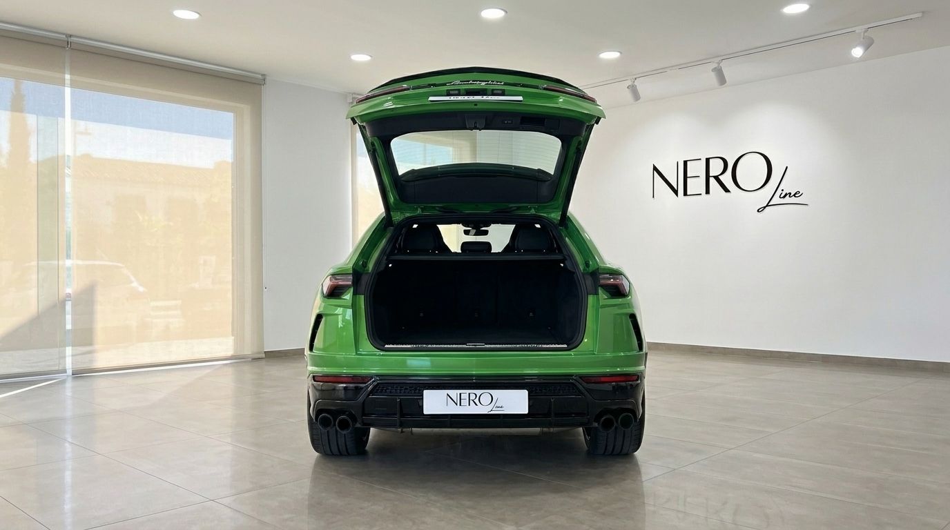 The gloss bright green Lamborghini Urus Performante is shown from the rear with its trunk open in an Ibiza showroom.