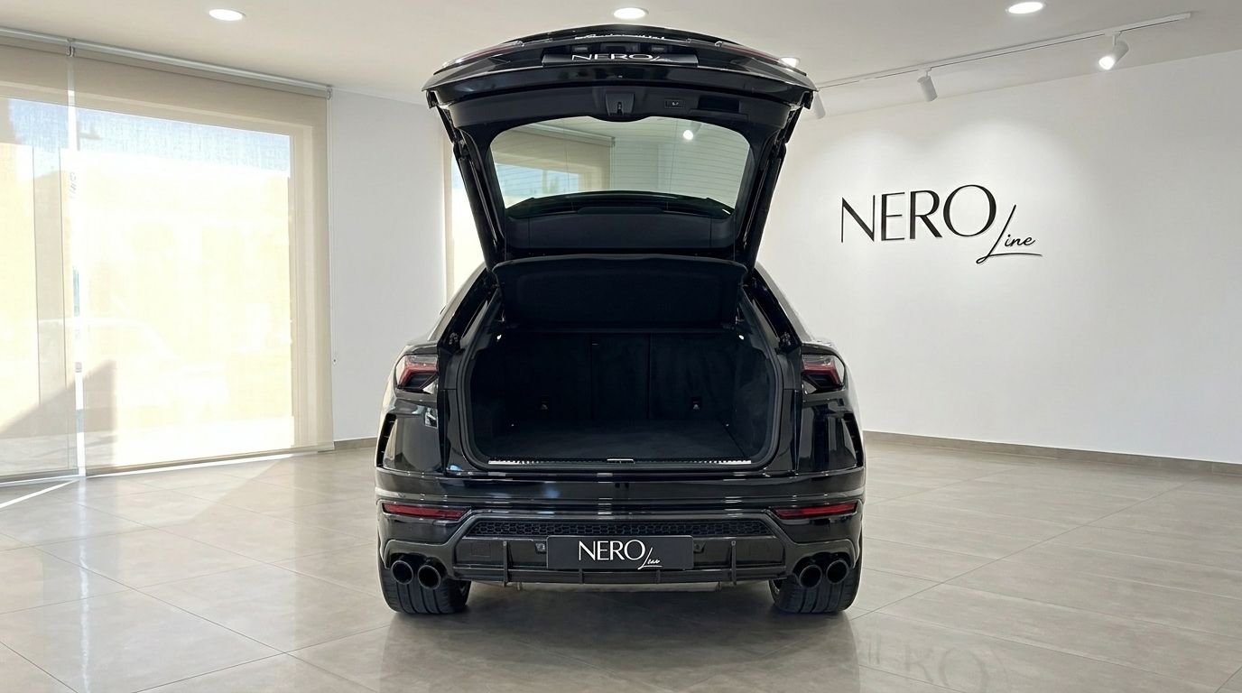The rear view of a black 2021 Lamborghini Urus in Alicante, showcasing its open trunk and quad exhaust pipes.