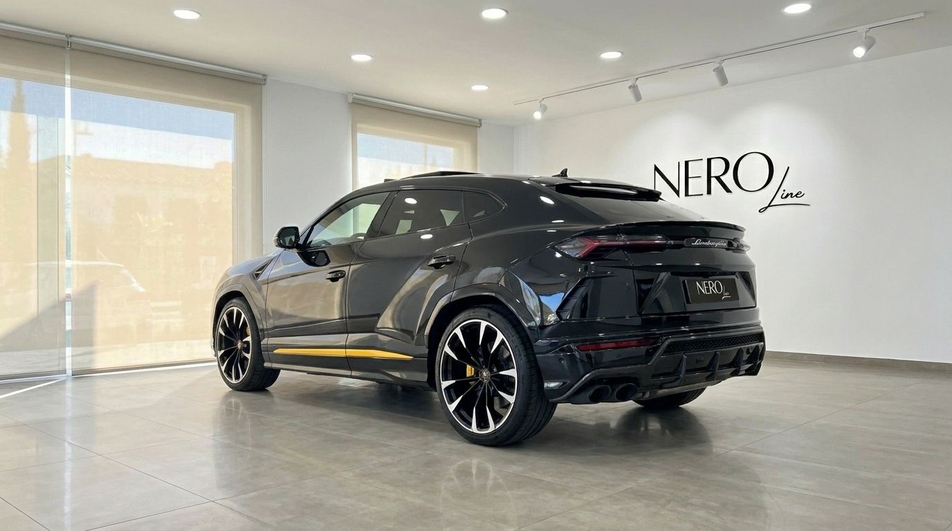 The black Lamborghini Urus with yellow accents is showcased from a rear three-quarter angle in a showroom in Alicante.