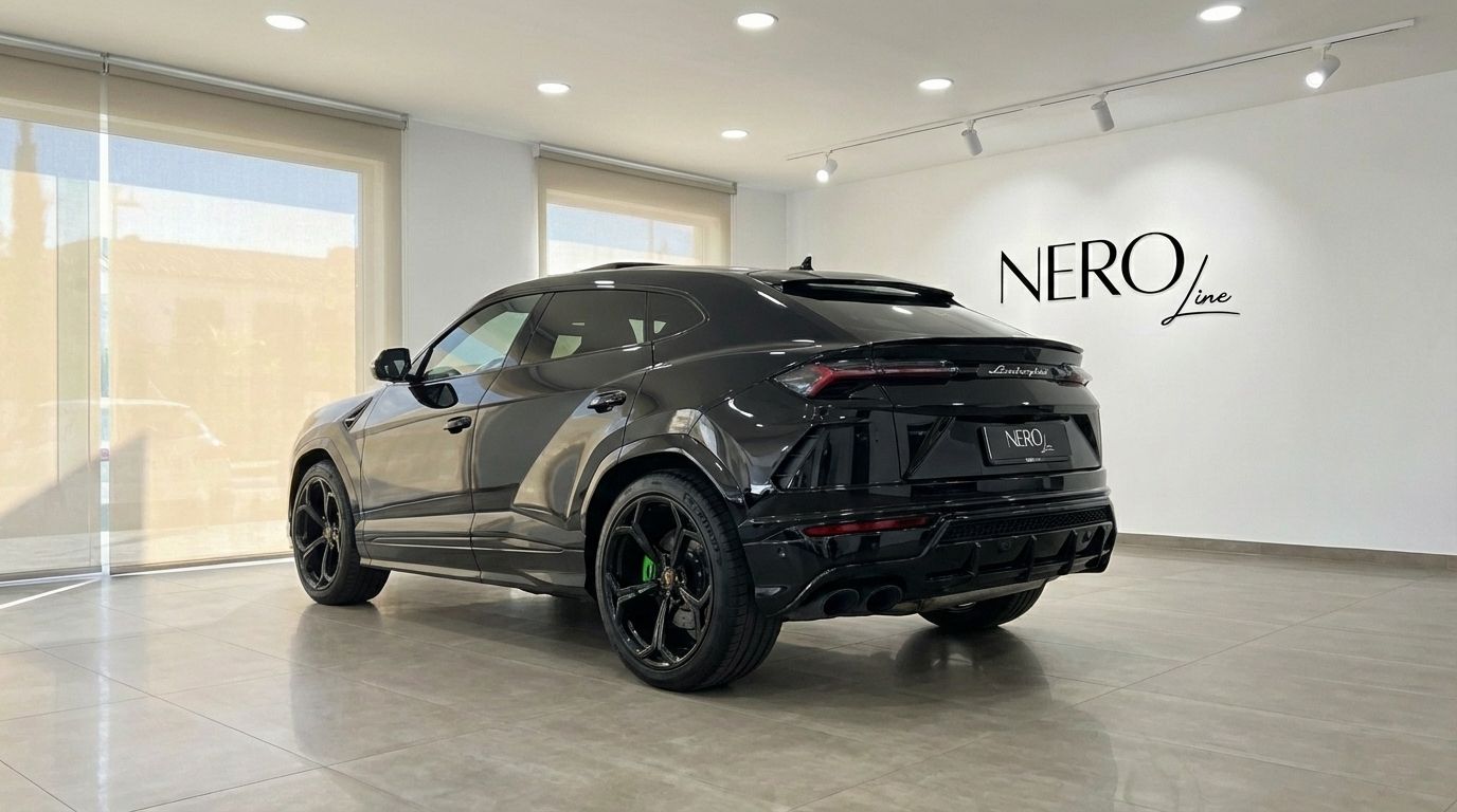 The black 2023 Lamborghini Urus is showcased from a rear three-quarter view in a bright Barcelona showroom.