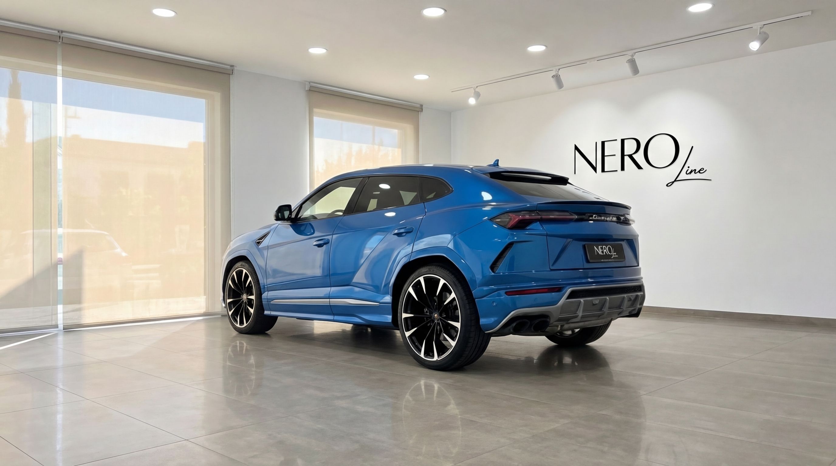A metallic blue Lamborghini Urus is parked in a modern showroom, viewed from its rear three-quarter angle in Mallorca.
