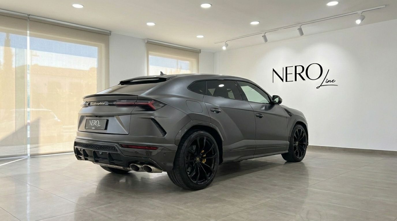 マットダークグレーの2022年型ランボルギーニウルスが、マルベーリャのショールームで後方から3/4の角度で展示されています。