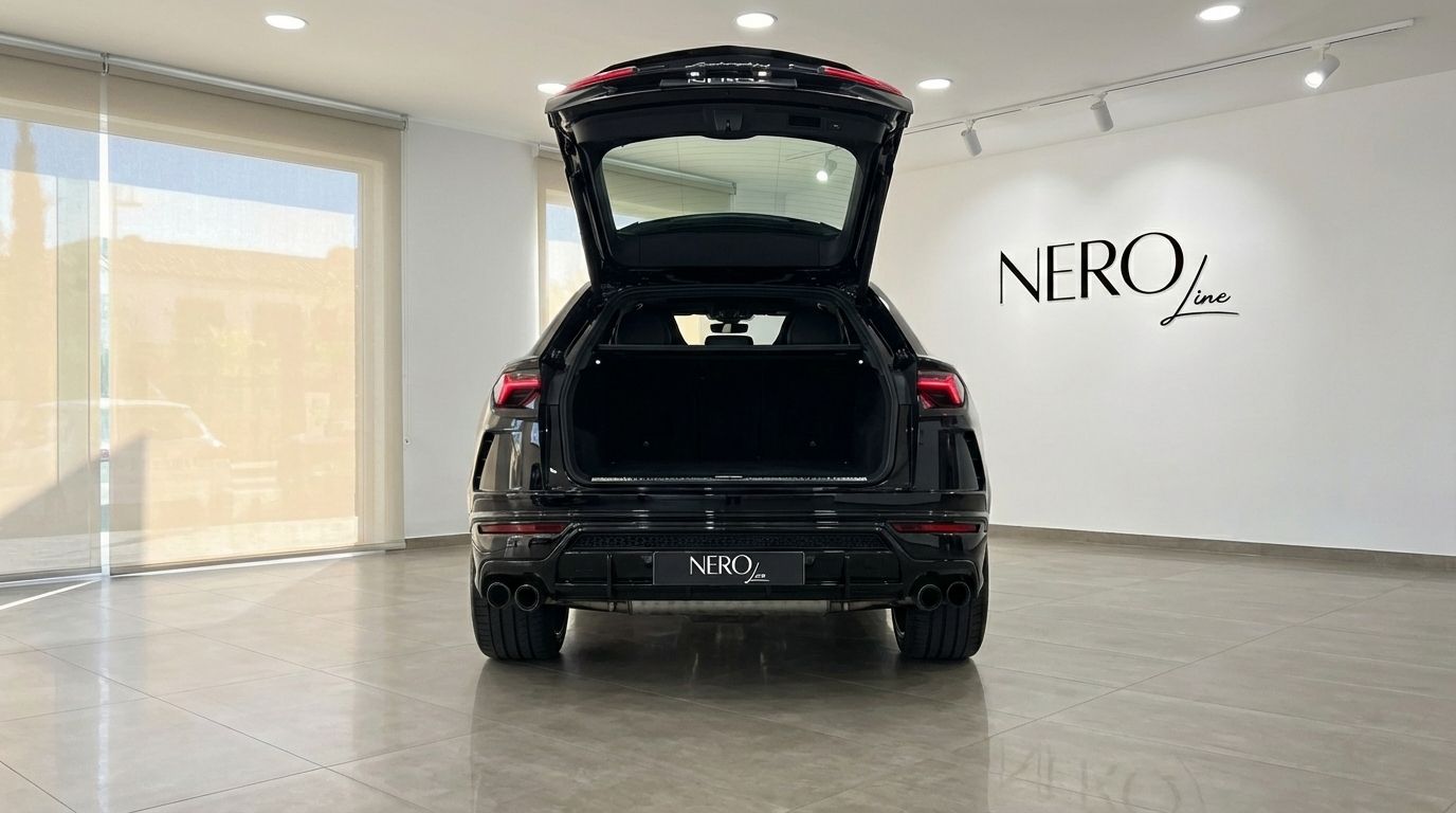 The rear view of a black Lamborghini Urus with its trunk open, showcasing the spacious cargo area in a Barcelona showroom.
