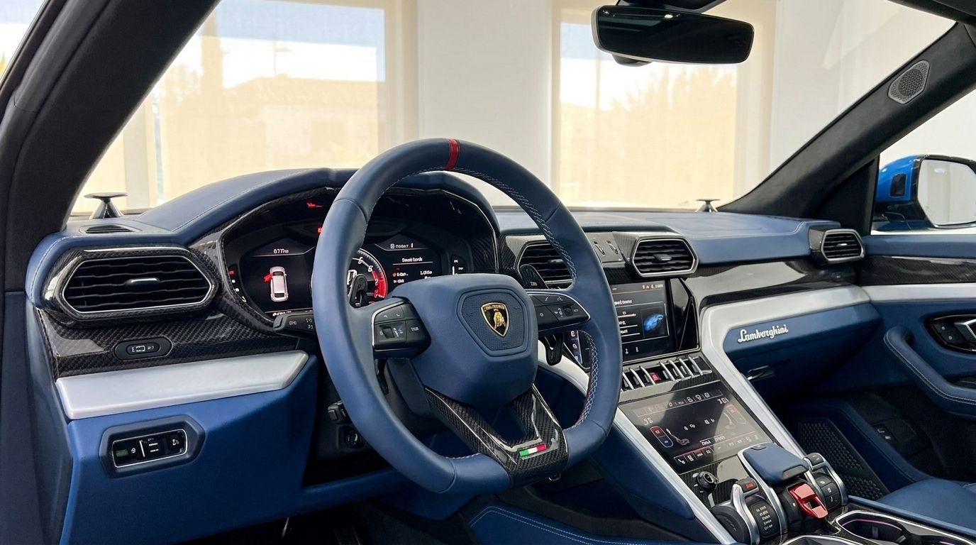 El lujoso interior azul y el salpicadero de un Lamborghini Urus S, con volante y consola central, disponible para alquiler en Madrid.