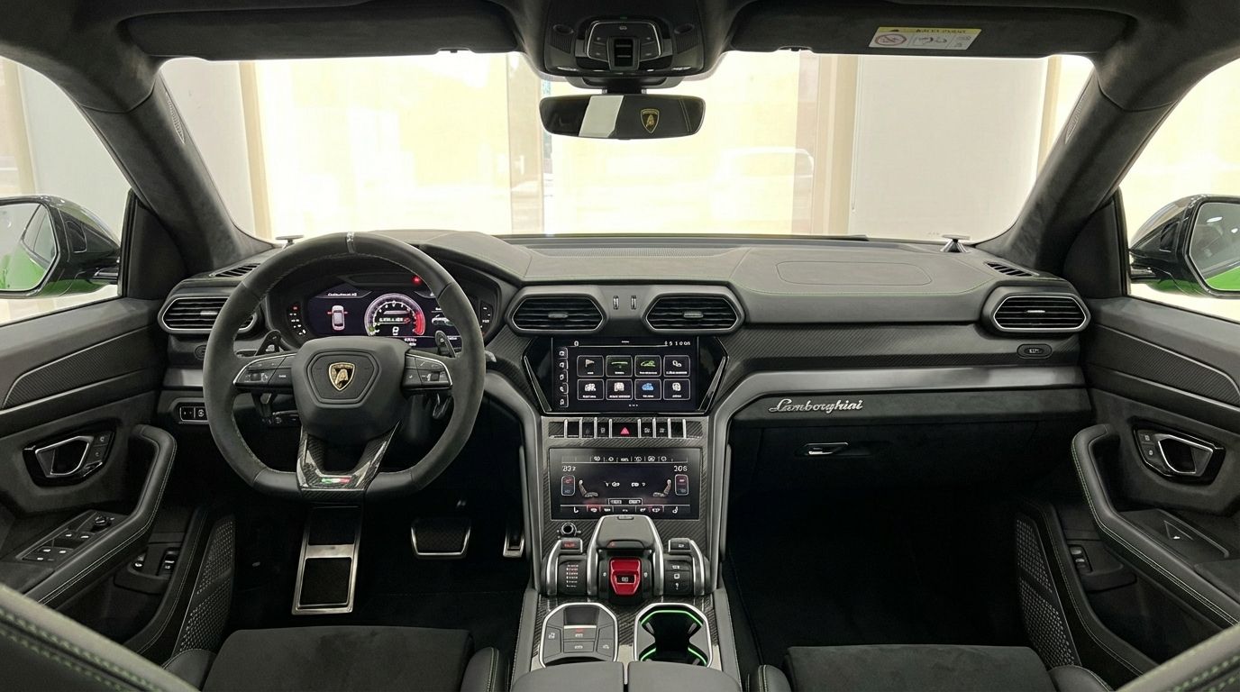 The luxurious black and green interior cockpit and dashboard of the 2024 Lamborghini Urus S in Marbella.