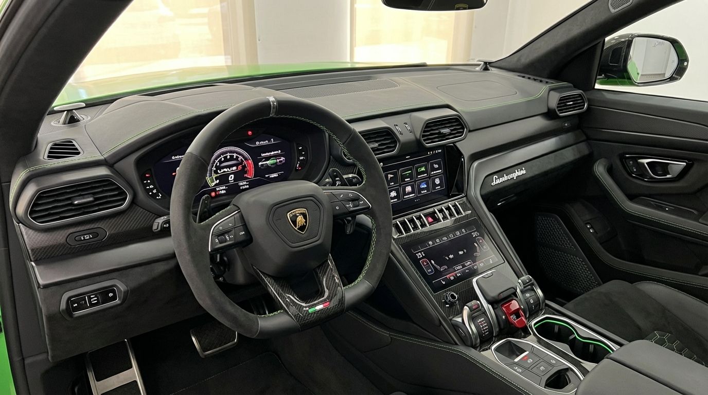 The luxurious cockpit and dashboard of the 2024 Lamborghini Urus S in Marbella, featuring a digital display, carbon fiber trim, and green stitching.