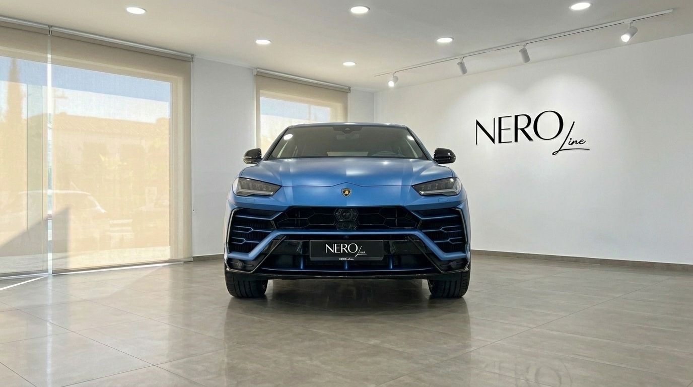 El Lamborghini Urus S 2020 en Blu Eleos se exhibe prominentemente de frente en un concesionario en Madrid.