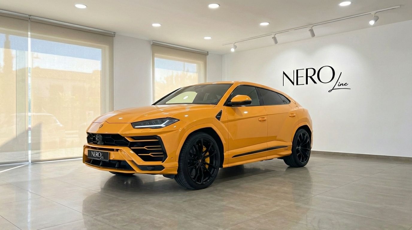 The orange Lamborghini Urus S is showcased from a front three-quarter view in a bright showroom in Barcelona.