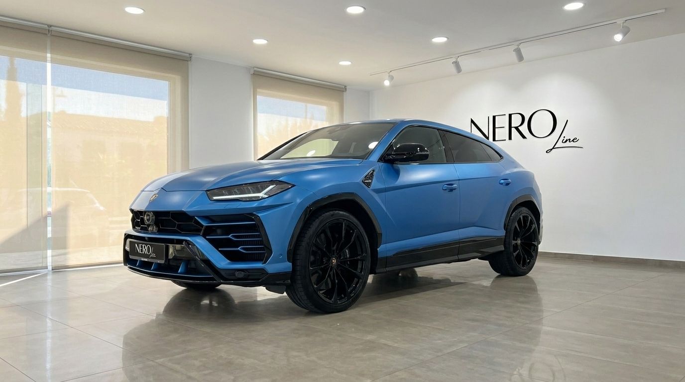 El Lamborghini Urus S azul de 2020 está aparcado en un concesionario de Madrid, mostrando su elegante exterior frontal tres cuartos.