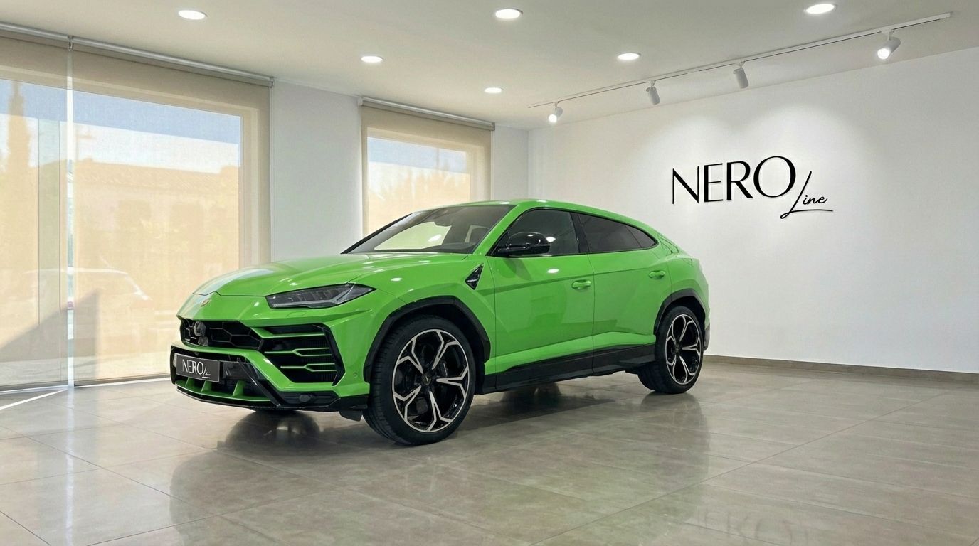 The neon green 2024 Lamborghini Urus S, a luxury performance SUV, is showcased in a showroom in Marbella.