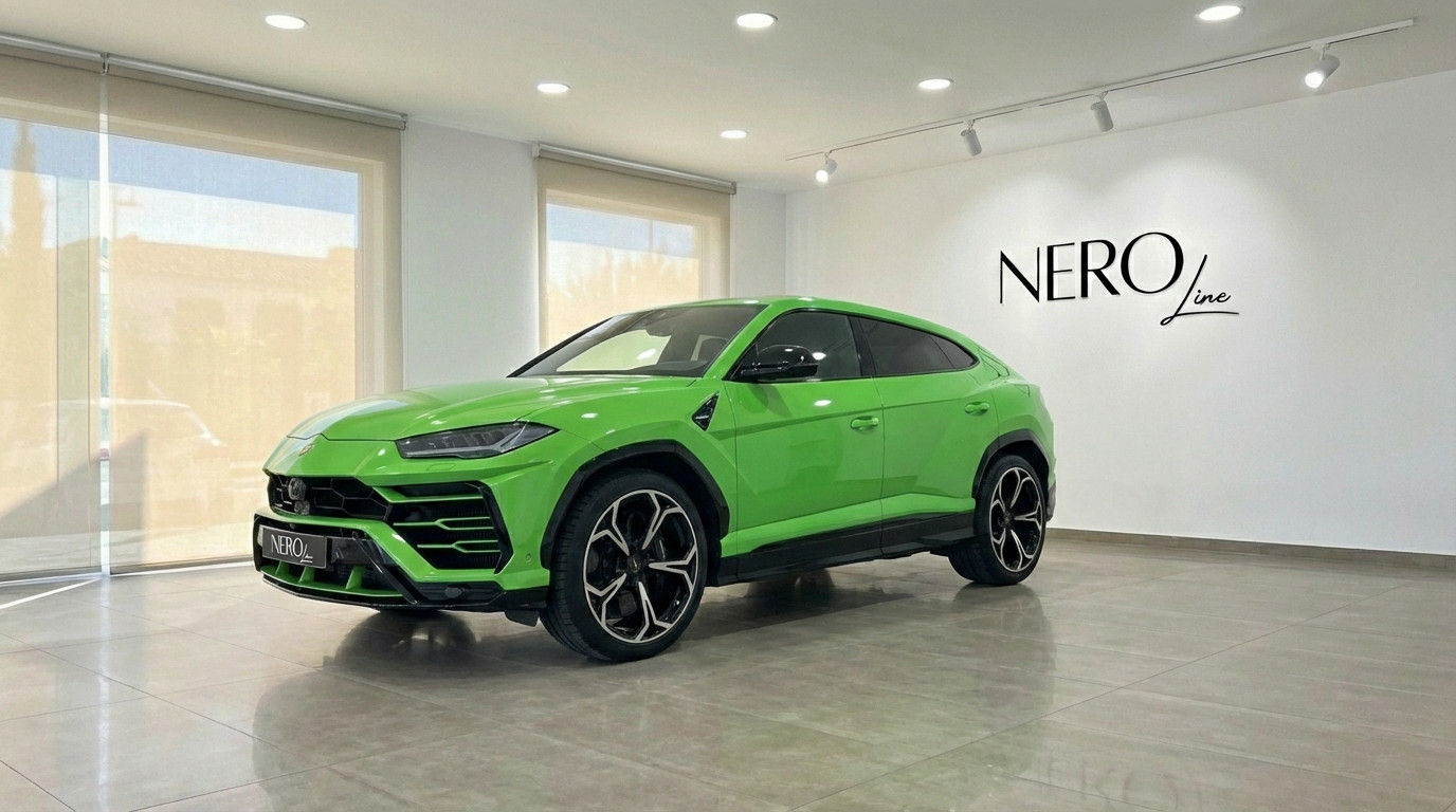 Lamborghini Urus S — Neon Green SUV in Marbella The neon green 2024 Lamborghini Urus S, a luxury performance SUV, is showcased in a showroom in Marbella.