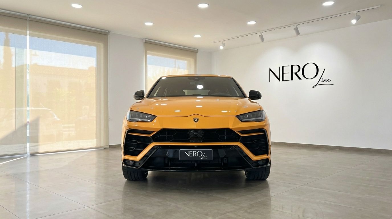 The orange Lamborghini Urus S is prominently displayed from a front view in a modern showroom in Barcelona, featuring the NEROline logo on the wall.