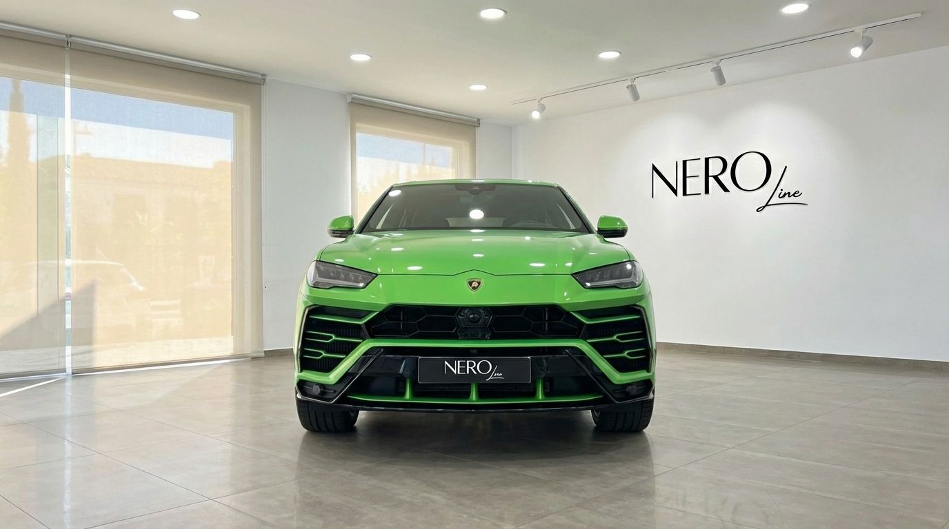 The neon green 2024 Lamborghini Urus S is prominently displayed in a Marbella showroom, showcasing its aggressive front design.