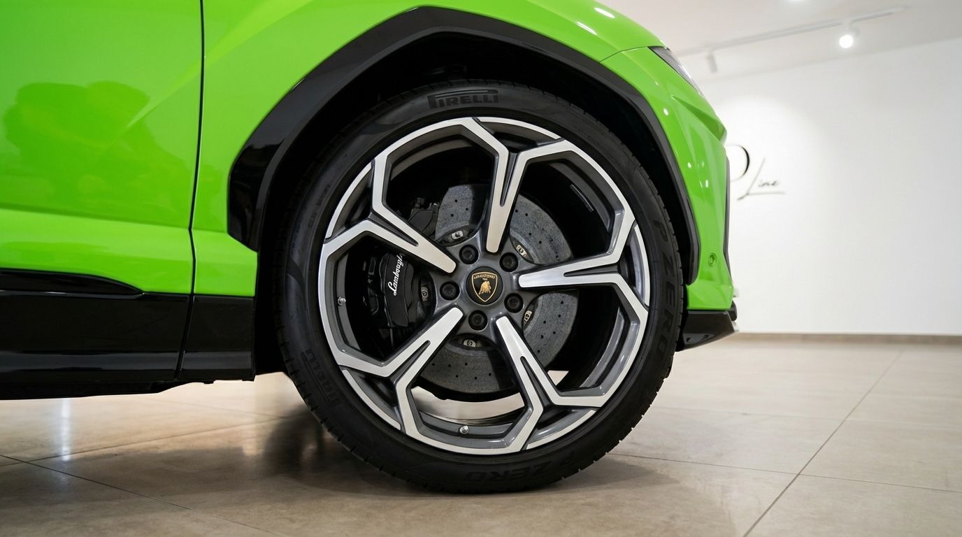 Close-up of the neon green Lamborghini Urus S front wheel, showcasing the multi-spoke rim and brake caliper in Marbella.