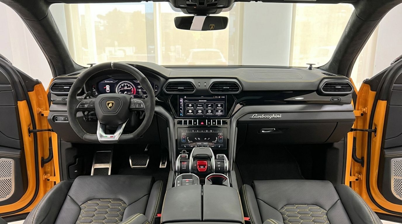 The luxurious black and yellow interior cockpit of a Lamborghini Urus S is visible, highlighting the dashboard and steering wheel in Barcelona.