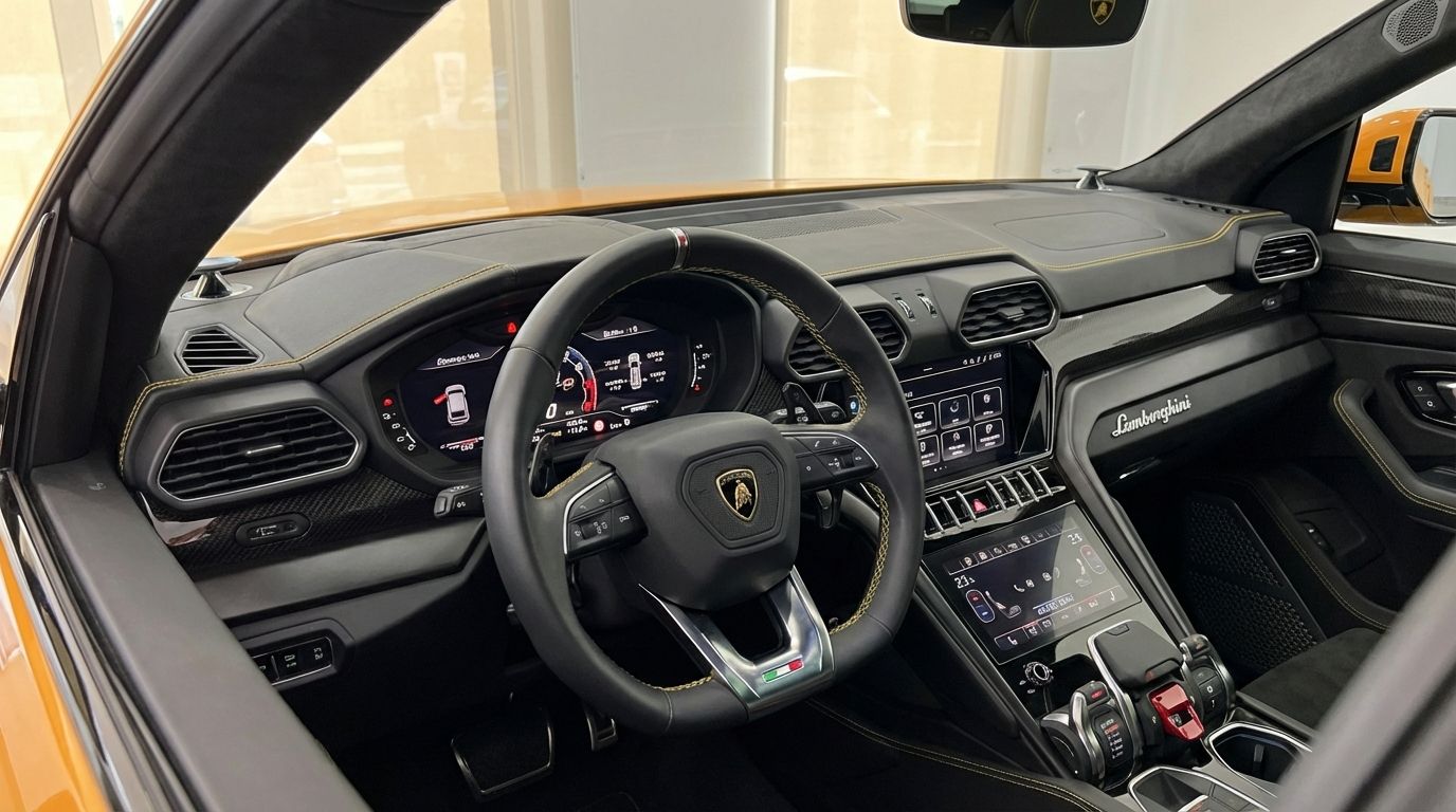 The luxurious interior of the orange Lamborghini Urus S in Barcelona, showing the steering wheel, digital dashboard, and center console.