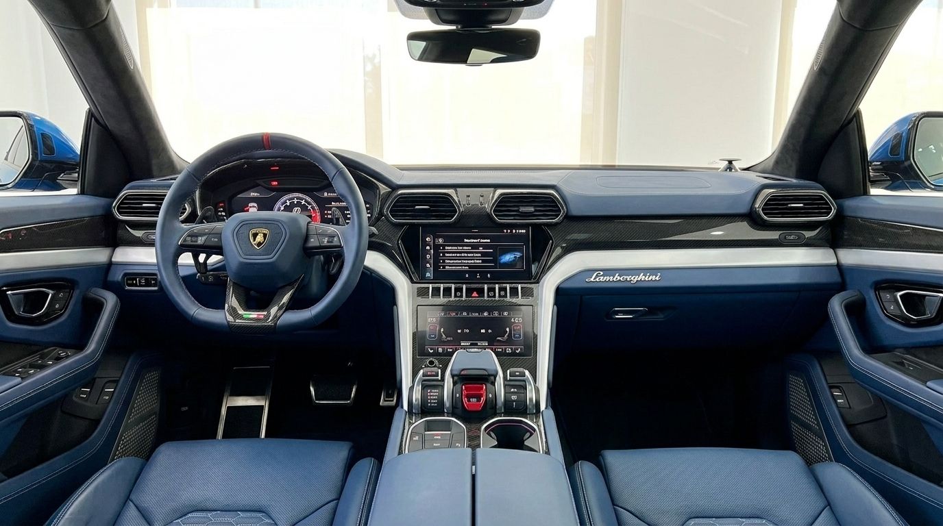 El lujoso interior azul del Lamborghini Urus S 2020, mostrando el salpicadero, volante y consola central en Madrid.