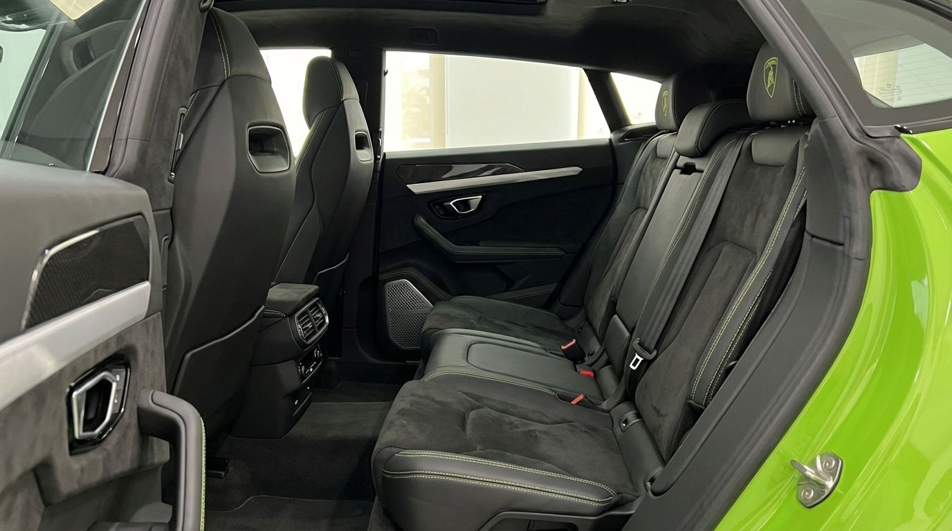 The luxurious black and neon green interior of the Lamborghini Urus S, showing the rear seats and door panel in Marbella.