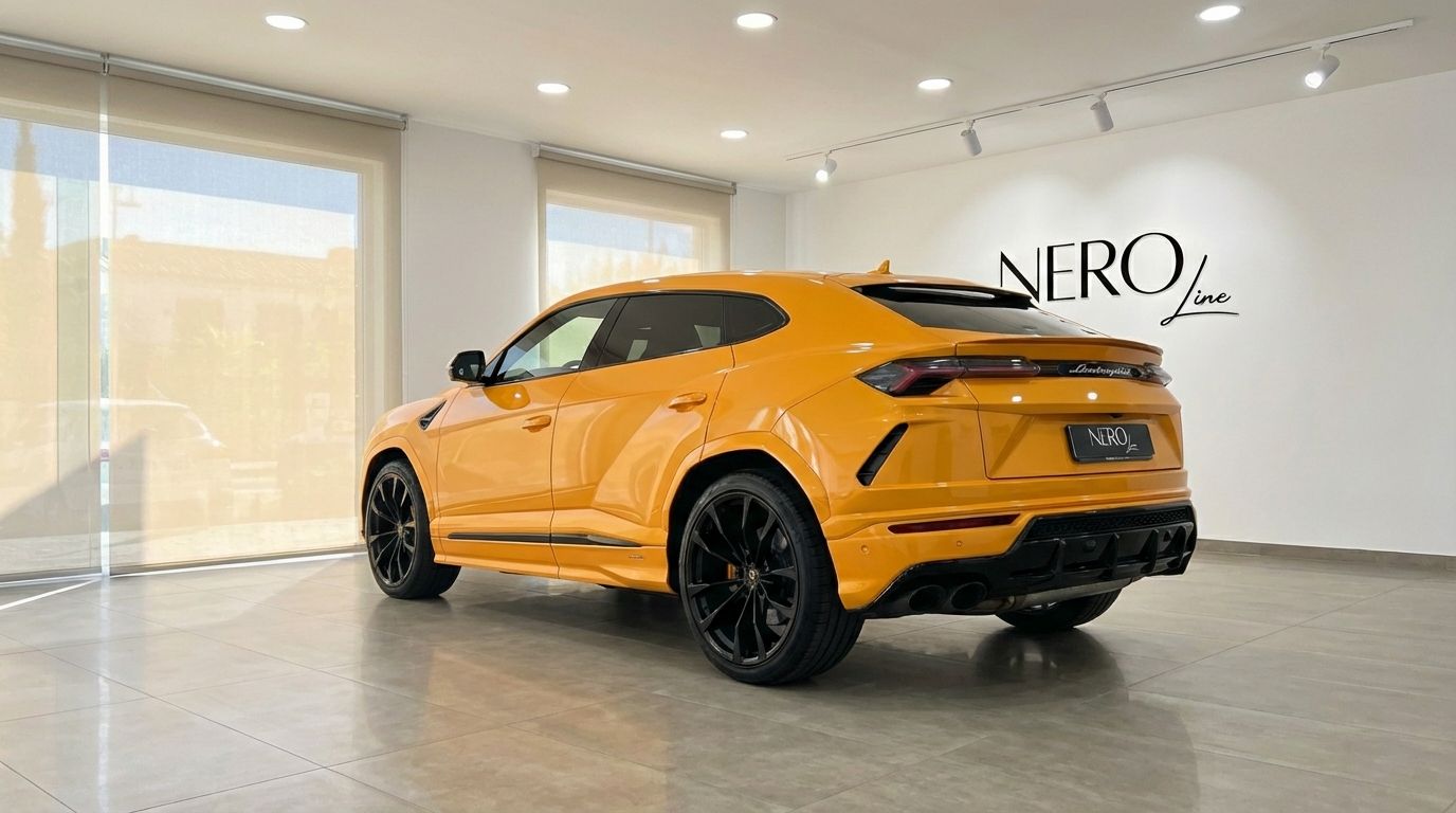 The orange Lamborghini Urus S is showcased from a rear three-quarter angle in a showroom in Barcelona, highlighting its sporty design.