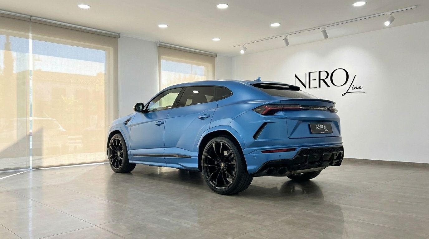 El Lamborghini Urus S 2020 en Blu Eleos mate, mostrando su perfil trasero tres cuartos y llantas negras en un concesionario de Madrid.