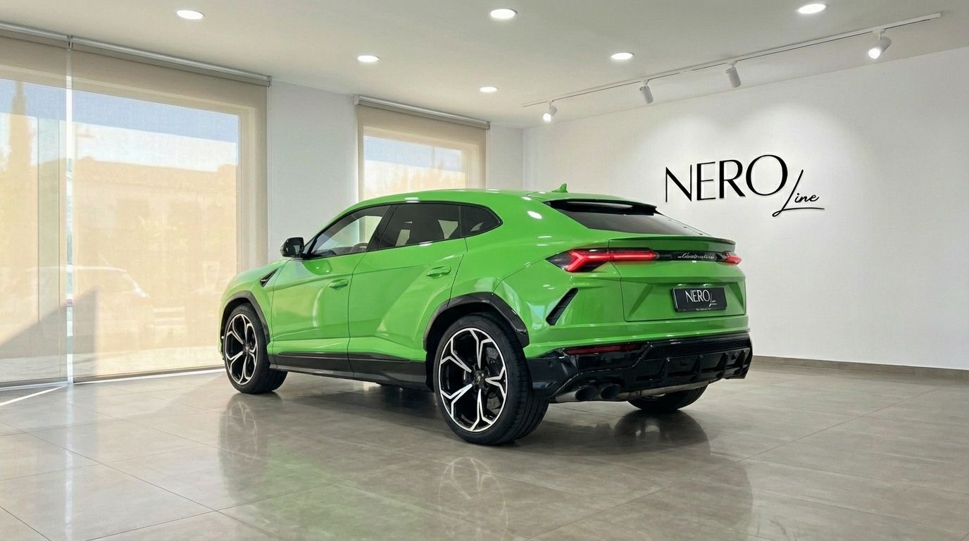 The neon green Lamborghini Urus S is showcased from a rear three-quarter angle inside a modern Marbella showroom with large windows.