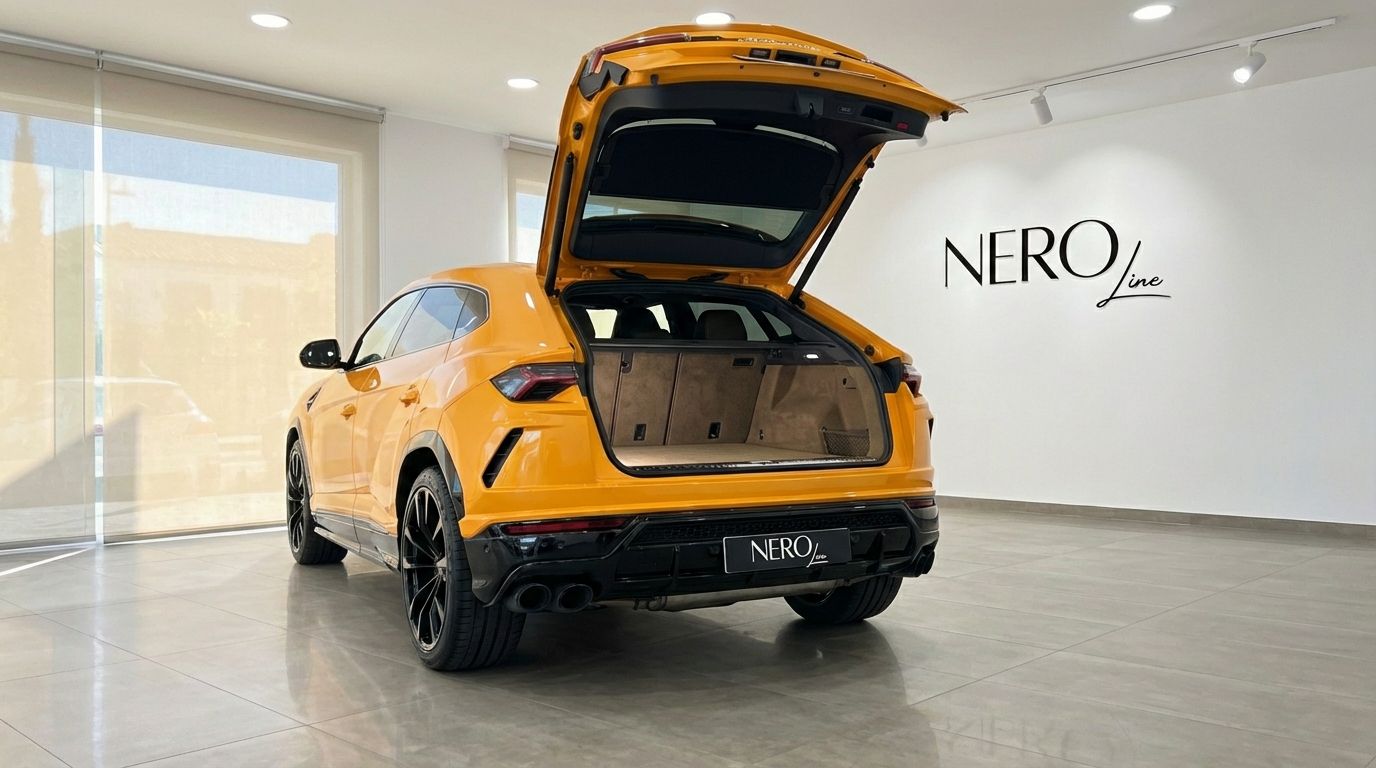 An orange Lamborghini Urus S is shown from the rear with its trunk open, revealing the spacious cargo area inside a Barcelona showroom.