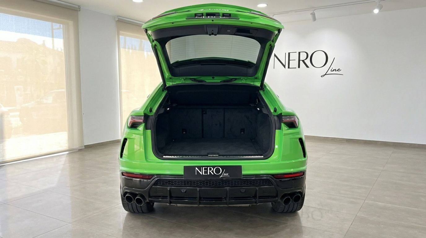 The neon green Lamborghini Urus S is shown from the rear with its spacious trunk open in a Marbella showroom.