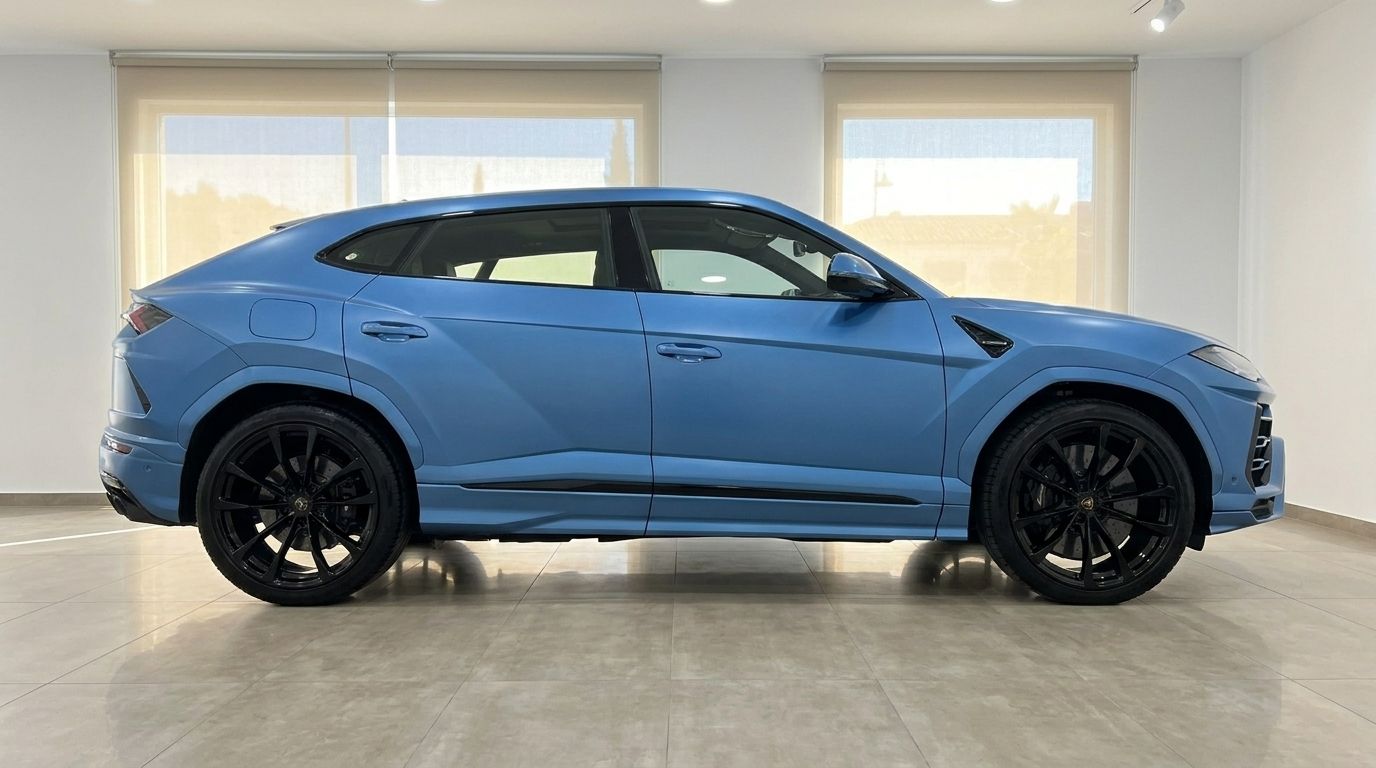 El Lamborghini Urus S 2020 en Blu Eleos se muestra de perfil elegante en un concesionario en Madrid.