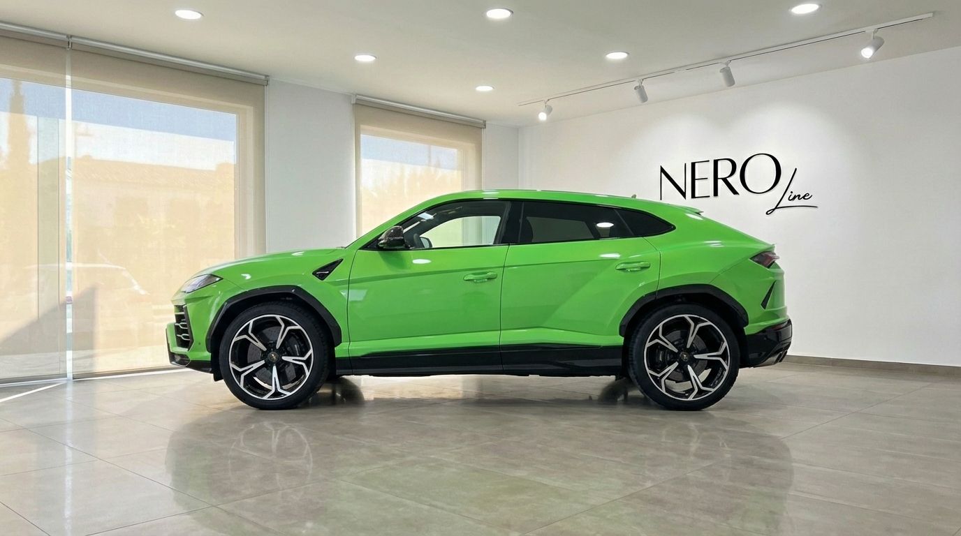 The vibrant neon green Lamborghini Urus S is showcased from its side profile in a modern showroom in Marbella.