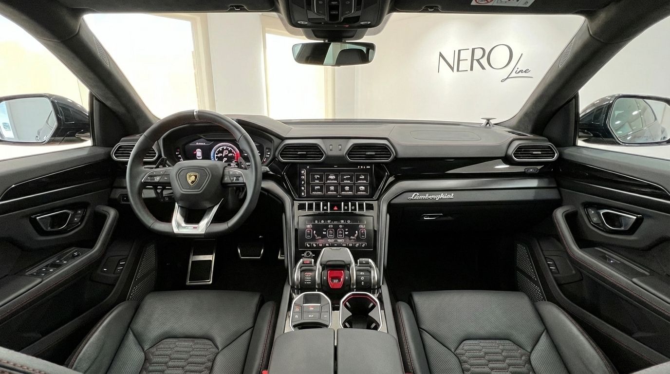 The luxurious black interior of the 2025 Lamborghini Urus SE, showcasing the steering wheel, dashboard, and central console in Alicante.