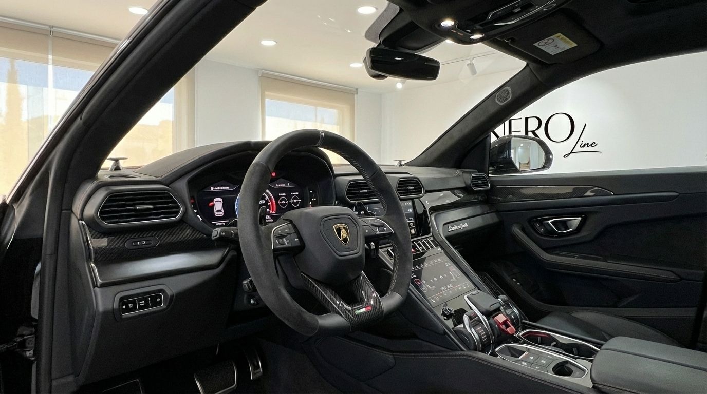 The luxurious interior of the 2025 Lamborghini Urus SE, showcasing its advanced cockpit and sporty steering wheel in Alicante.