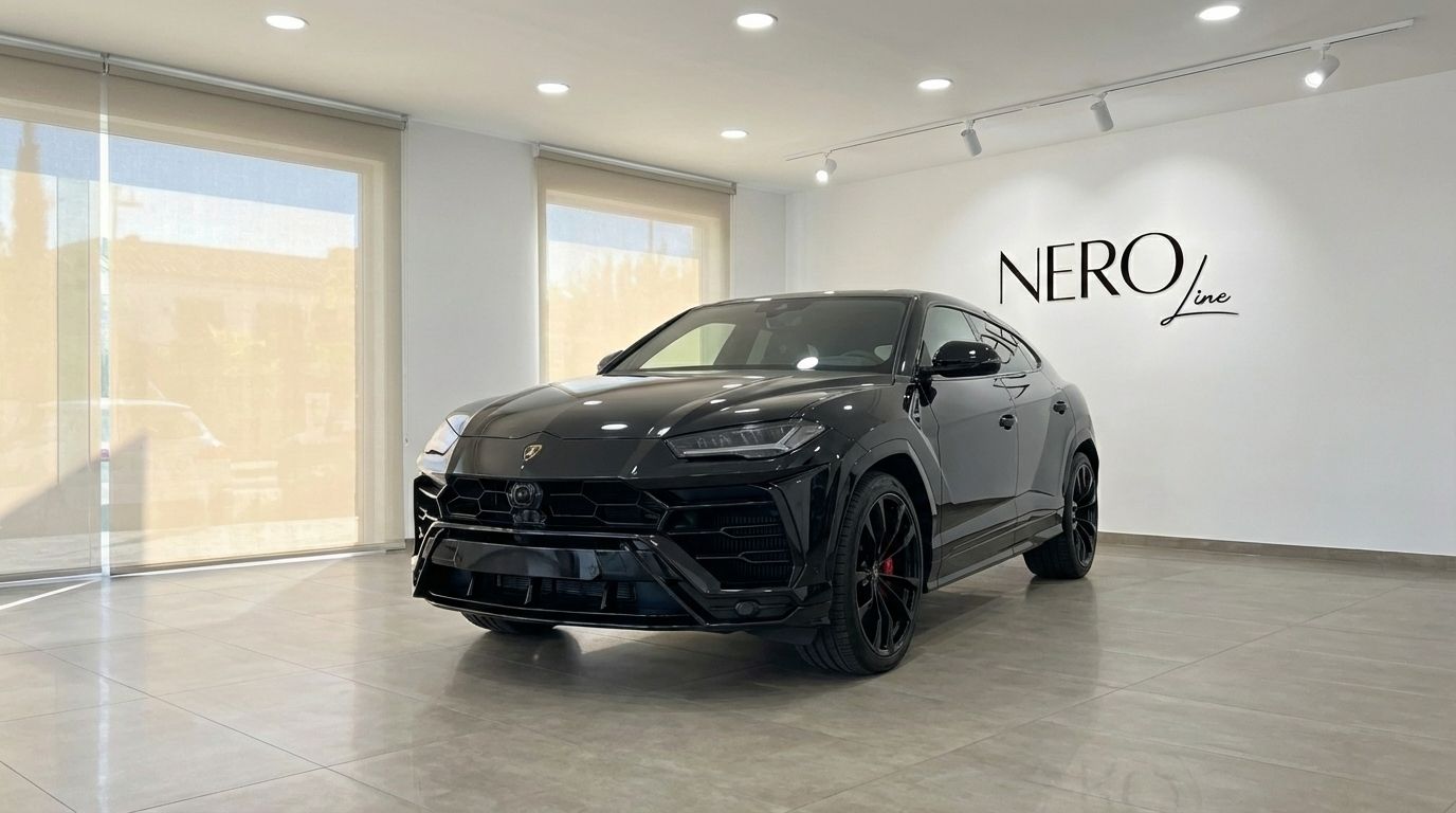 Matte black Lamborghini Urus SE from a front three-quarter view, parked elegantly in a modern showroom in Alicante.