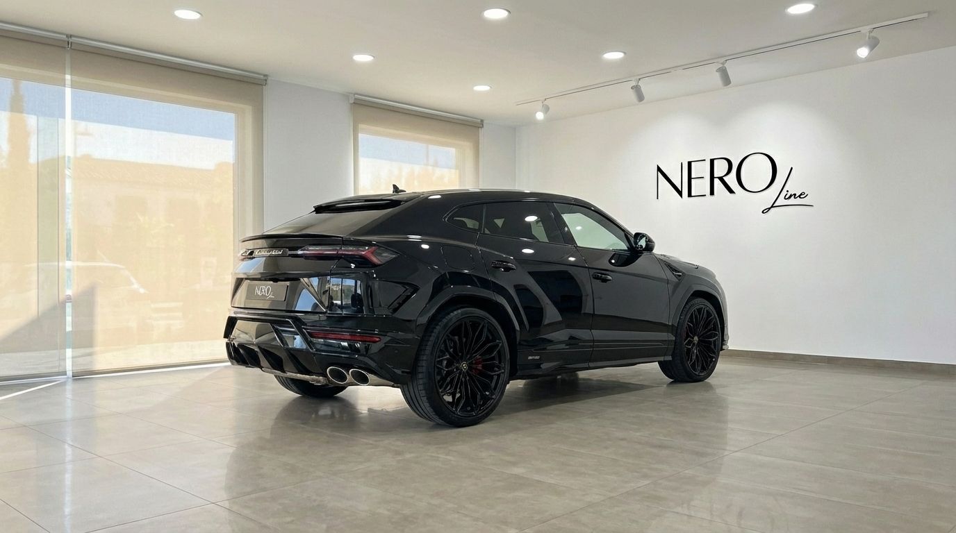 The matte black 2025 Lamborghini Urus SE is parked in a showroom, captured from a rear three-quarter angle in Alicante.