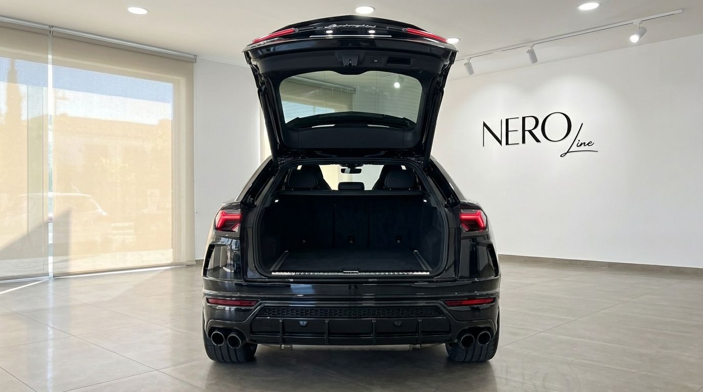 The matte black Lamborghini Urus SE, with its trunk open, is parked in a showroom in Alicante, showcasing its spacious cargo area.