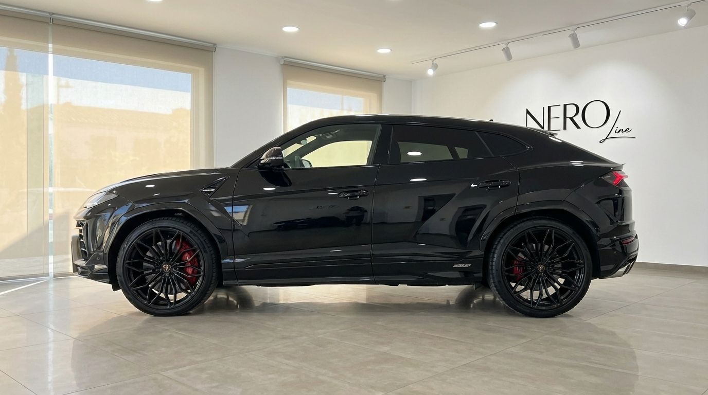 The matte black Lamborghini Urus SE is showcased in a side profile view, parked indoors at a luxury showroom in Alicante.