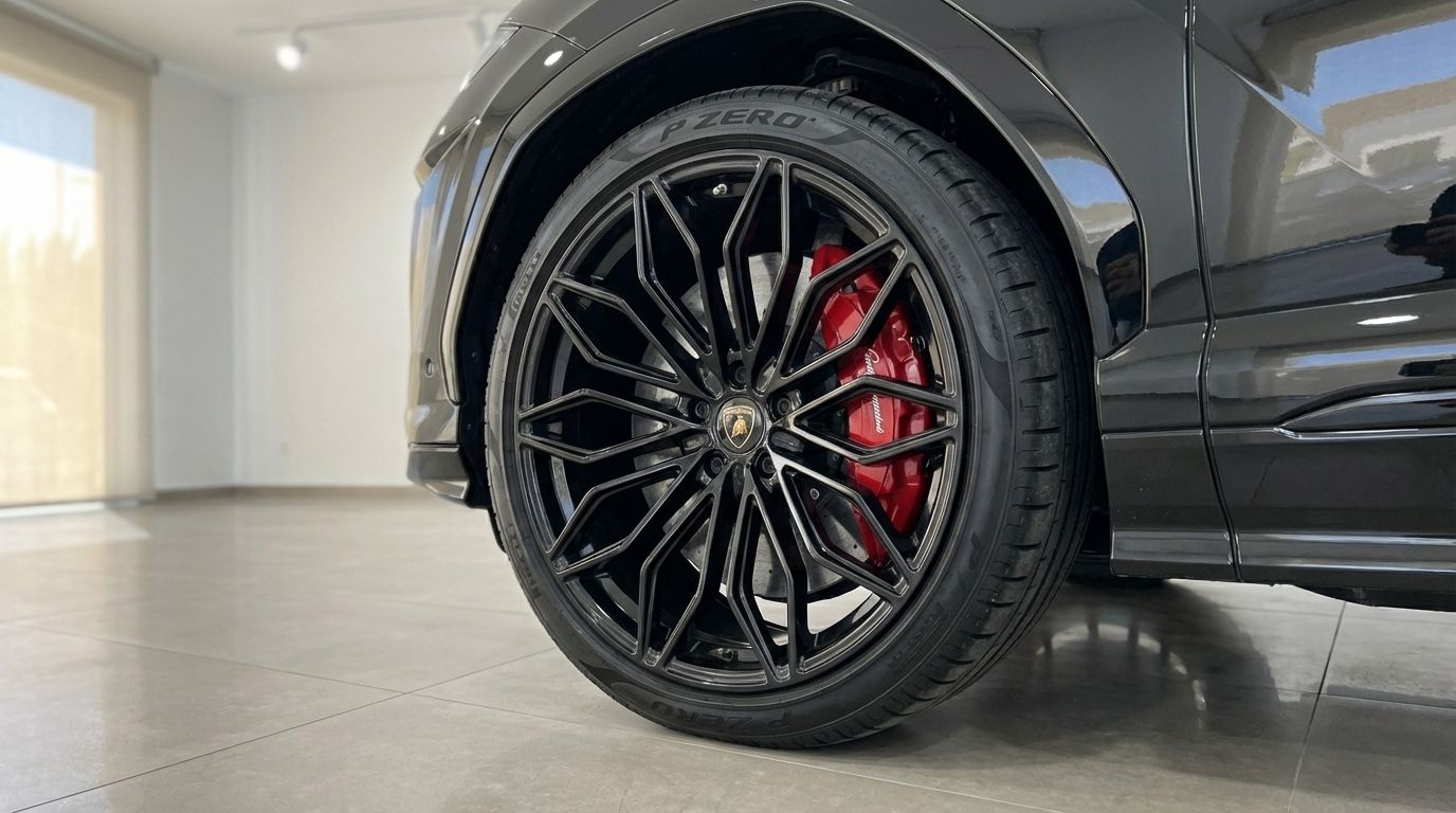 The Lamborghini Urus SE features a striking black multi-spoke wheel with a vibrant red brake caliper, part of its matte black body in Alicante.