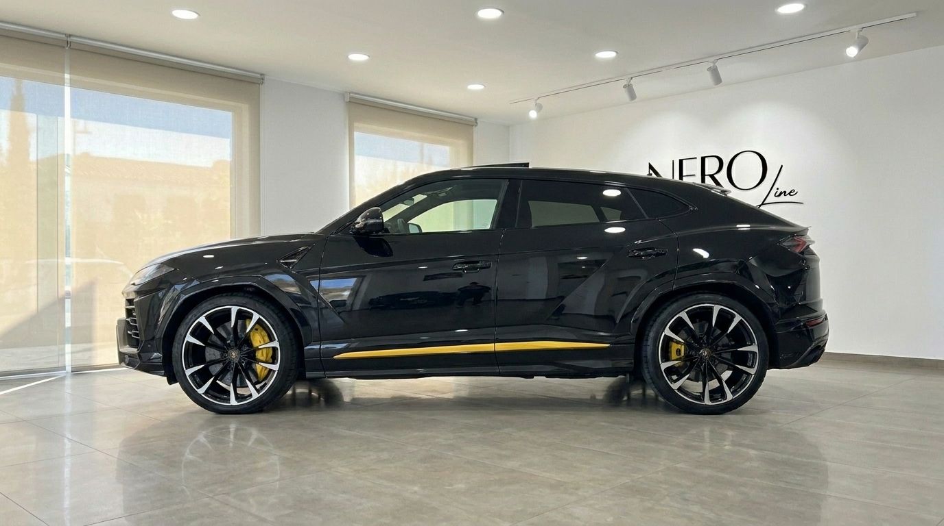 A black Lamborghini Urus with yellow accents and brake calipers is shown in a side profile view inside a showroom in Alicante.