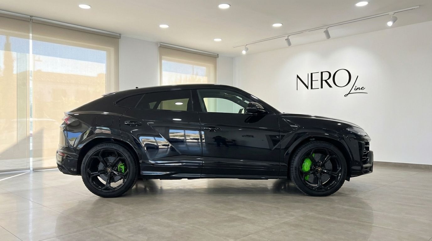 The black Lamborghini Urus is showcased in a showroom in Barcelona, displaying its sleek side profile and vibrant green brake calipers.