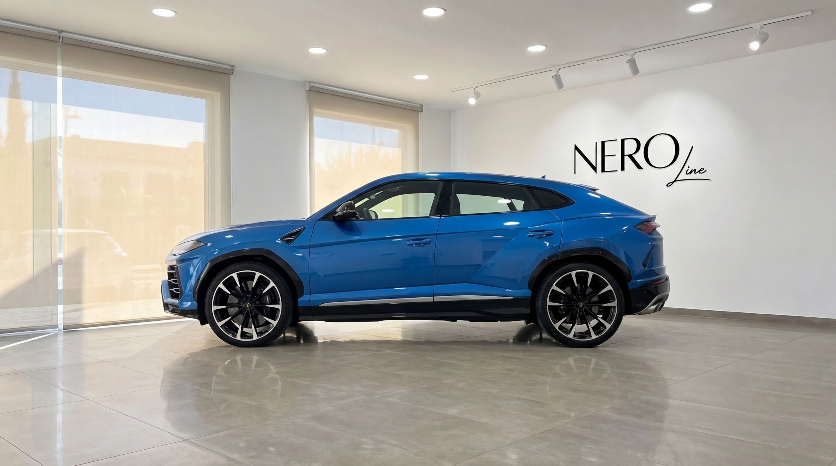 The metallic blue Lamborghini Urus is showcased in a modern showroom, viewed from its elegant side profile in Mallorca.