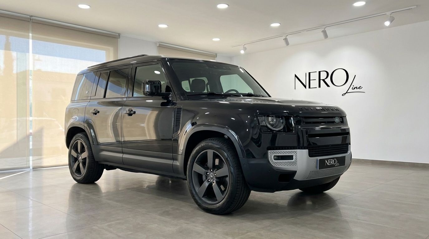 A sleek gloss Santorini Black Land Rover Defender 2025 is showcased in a modern Madrid showroom, viewed from the front three-quarter angle.