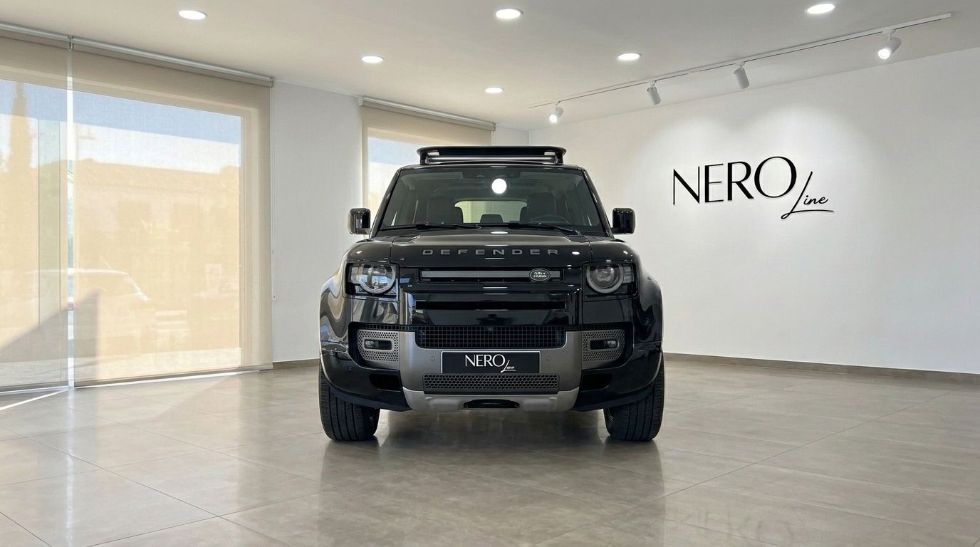 The black Land Rover Defender 110 is prominently displayed from the front in a bright studio in Madrid, showcasing its robust design.