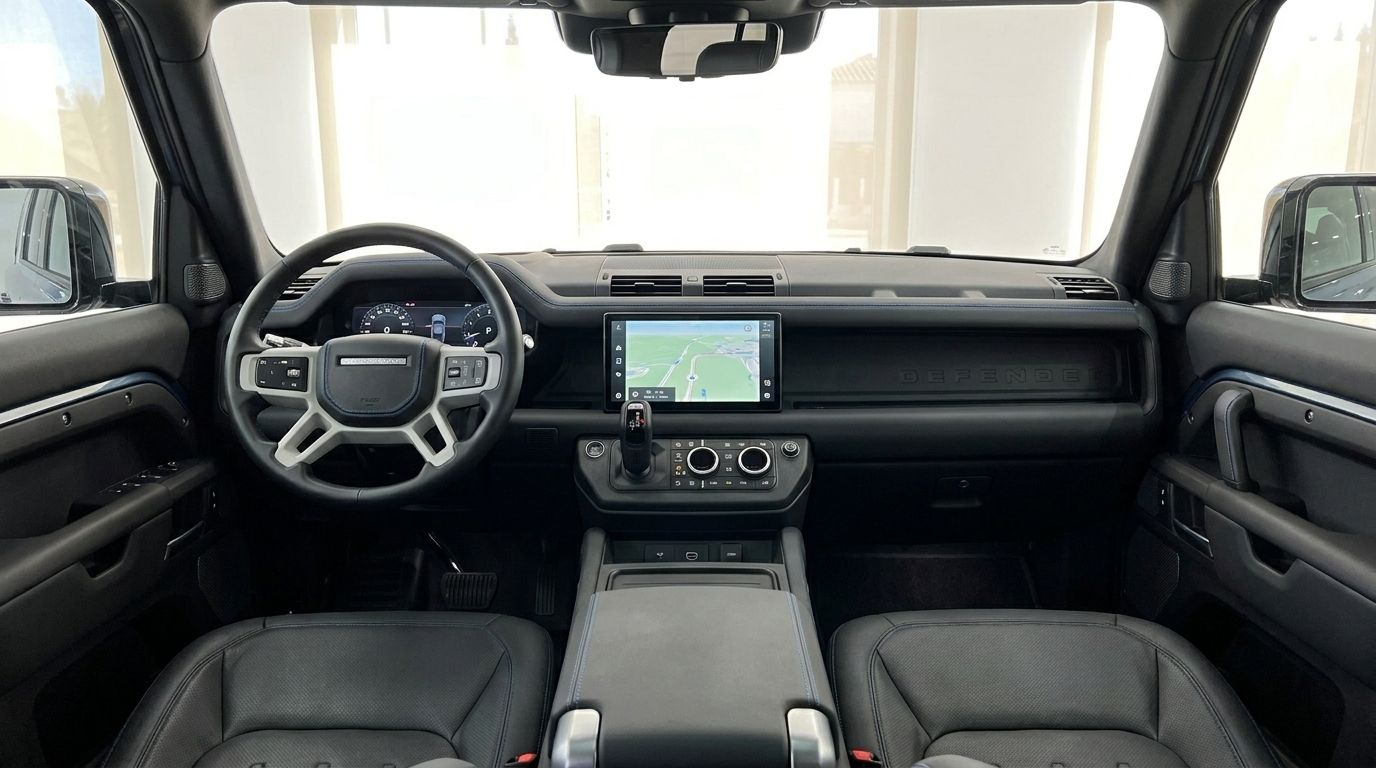 The Land Rover Defender's modern cockpit in Madrid, featuring a steering wheel, digital dashboard, and central infotainment screen.