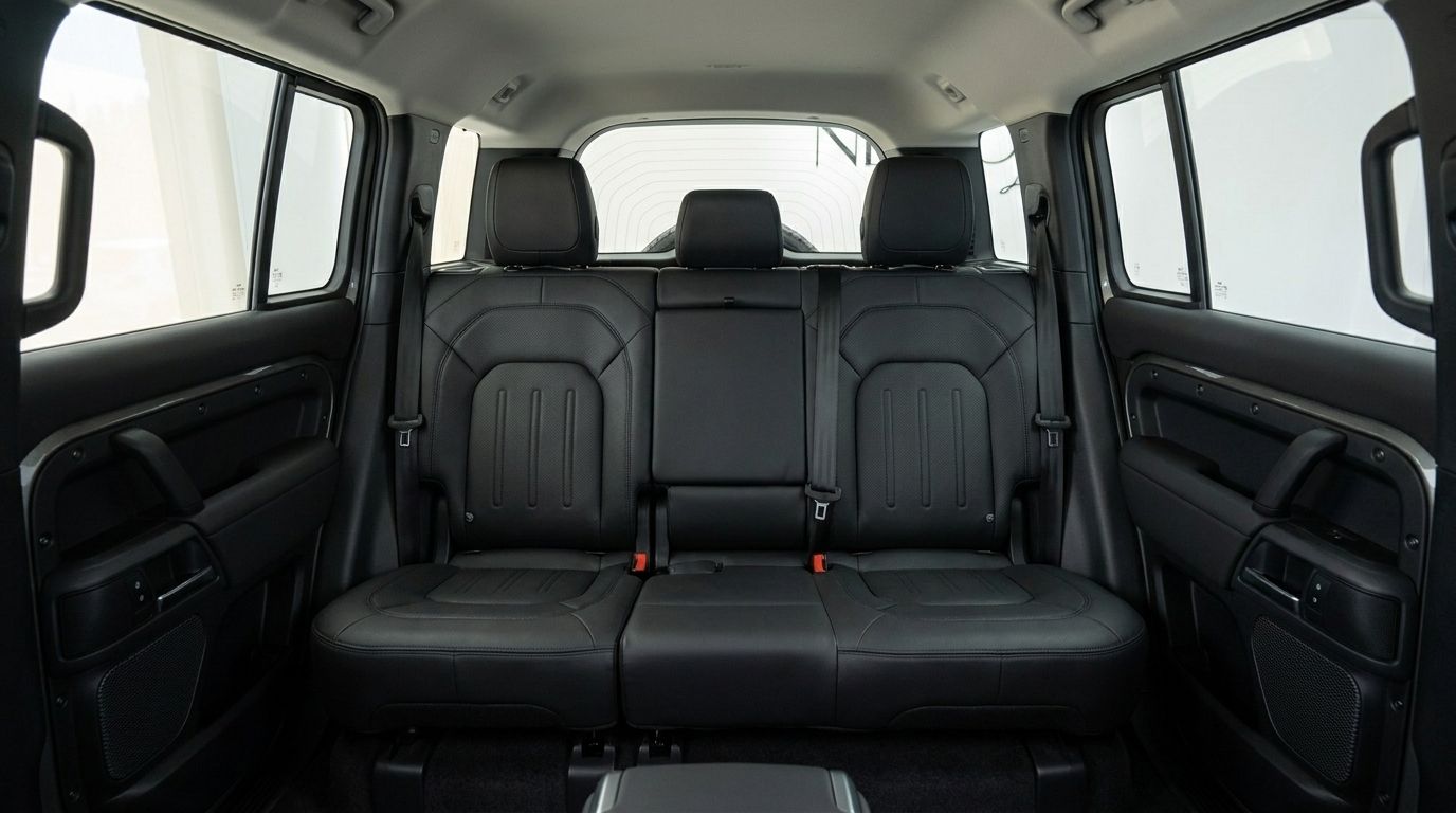 The spacious black leather rear seats and interior of the Land Rover Defender in Madrid, showcasing comfort.