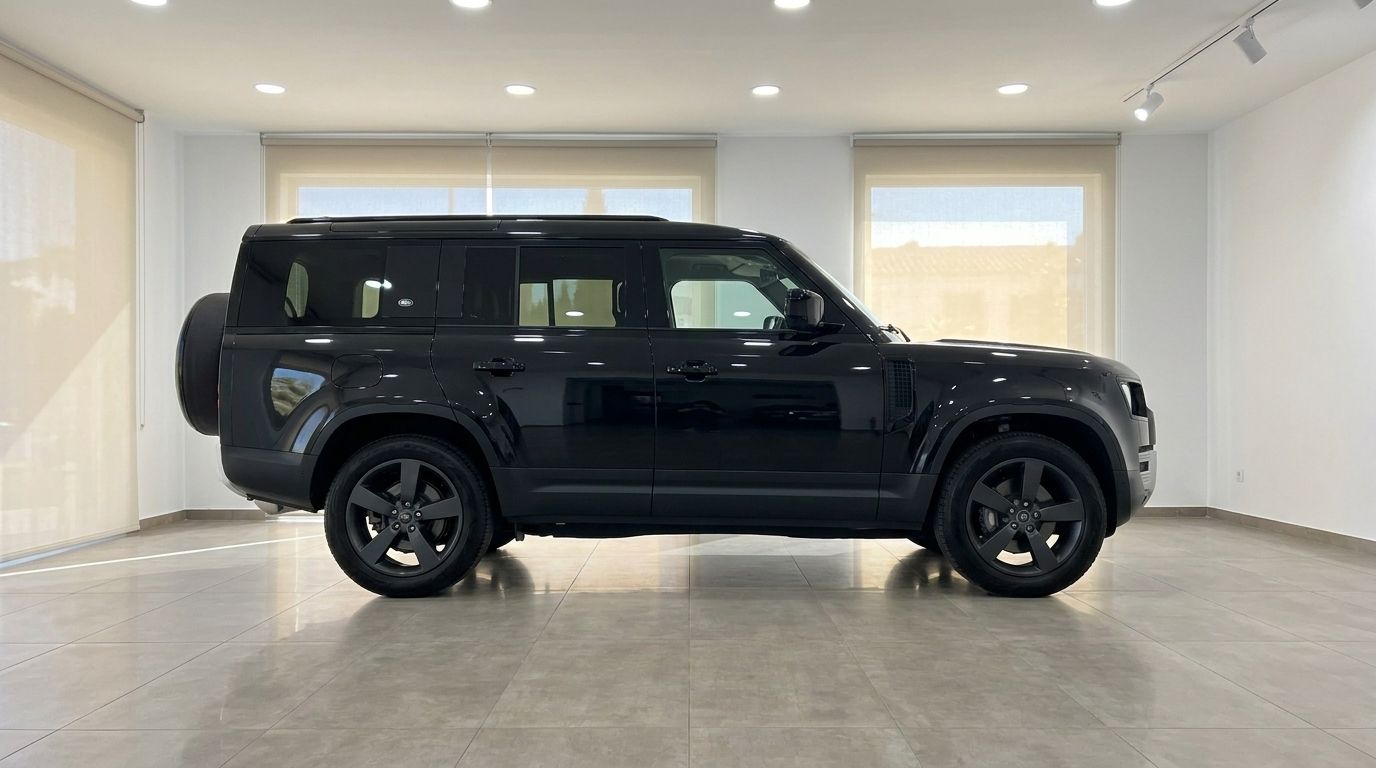 The gloss Santorini Black Land Rover Defender 110 is presented in a full side view within a bright showroom in Madrid.