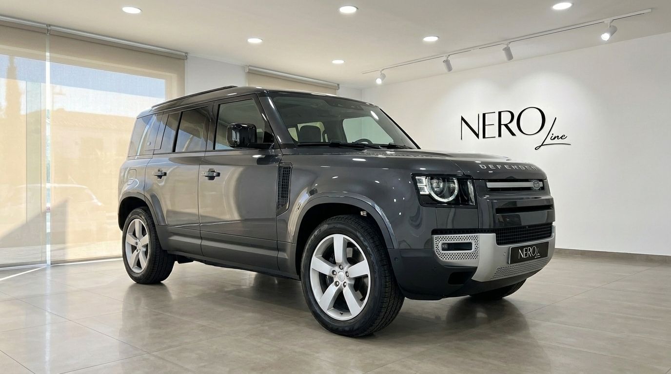 The dark grey 2022 Land Rover Defender 3.0 is showcased from a front three-quarter view in a Marbella showroom.