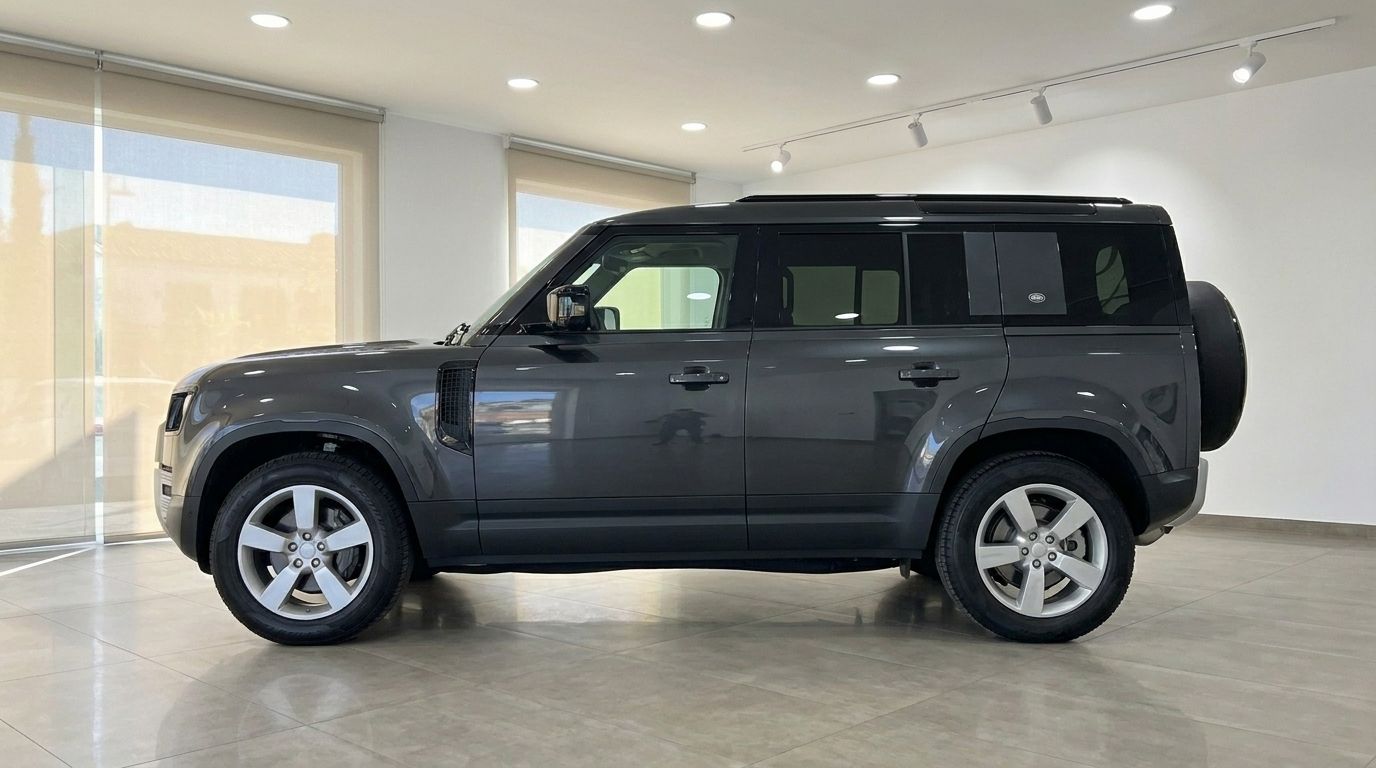 A dark grey metallic Land Rover Defender 3.0 is shown in a side profile view inside a showroom in Marbella.