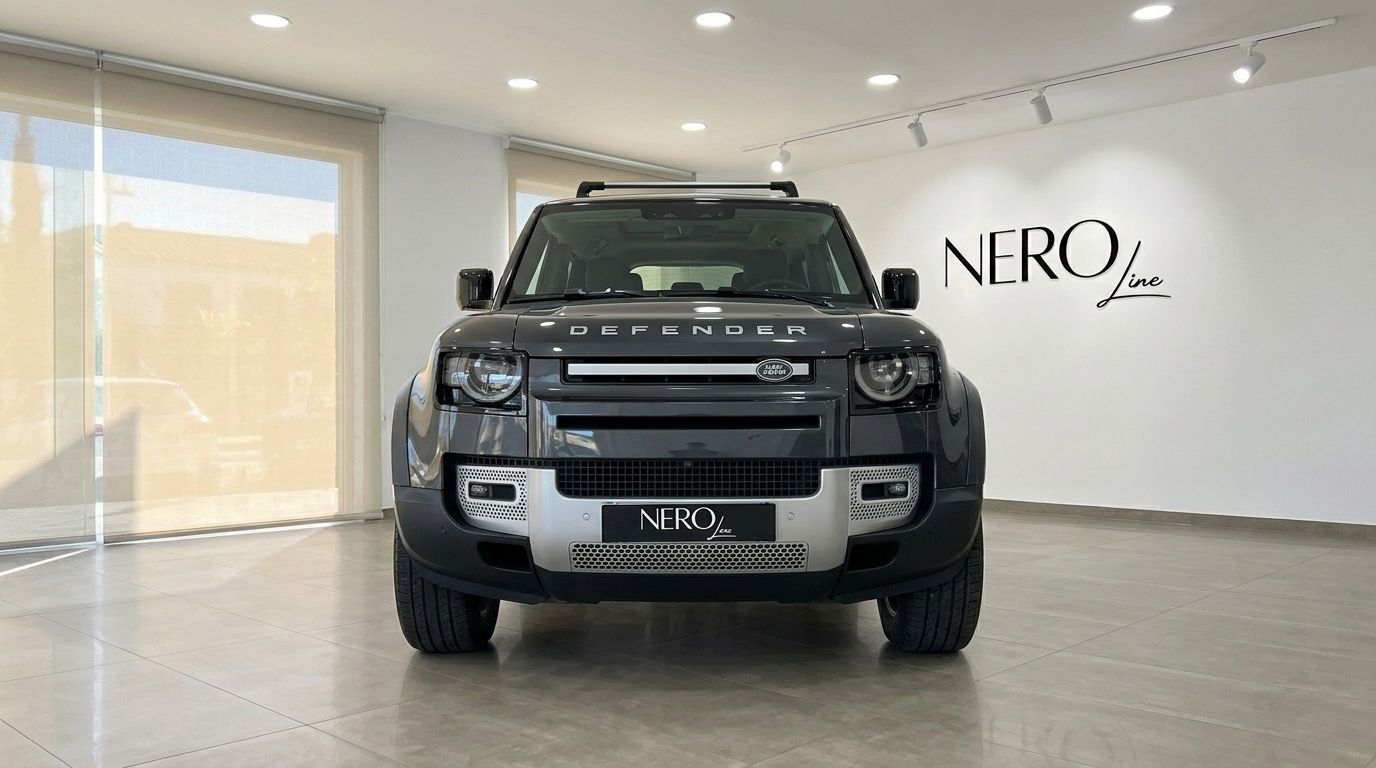 The dark grey 2022 Land Rover Defender 3.0 is shown from a direct front view in a Marbella showroom.